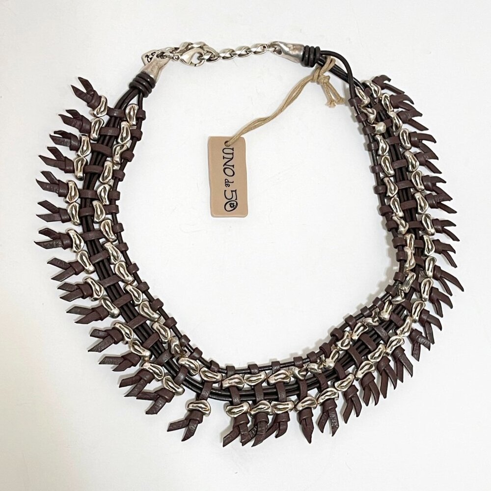 UNO DE 50 ROCK CROCO Braided Leather Fringe BOHO Silver Bezel Statement Necklace - Picture 4 of 11
